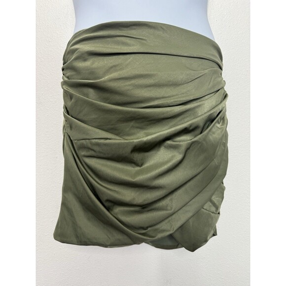 ASOS Sz 10 Asymmetrical Ruched Mini Skirt Green Side Button Detail Cotton Blend - Picture 5 of 12